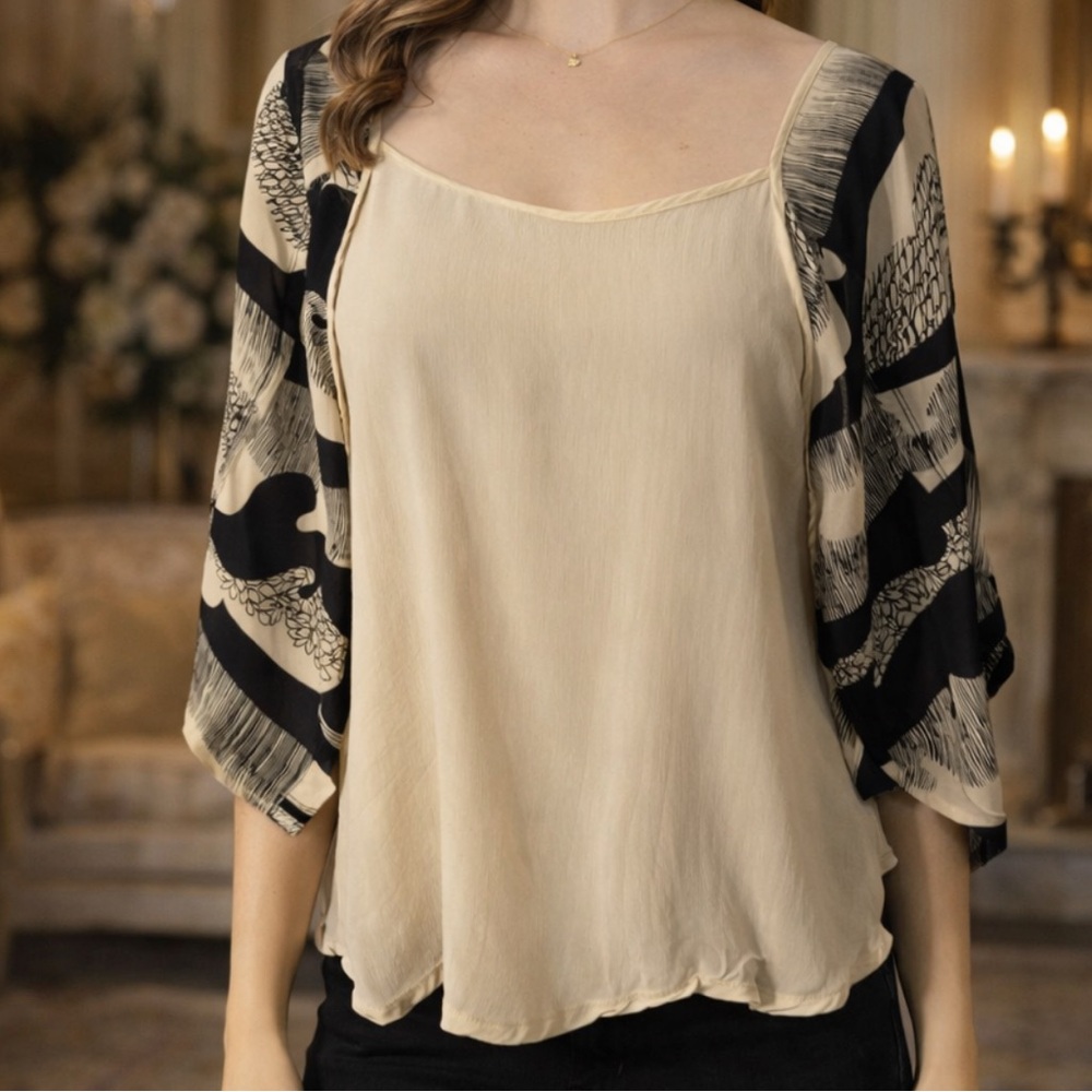 Anthropologie Trinity Medium M Silk Top Cream Black Dolman Short Sleeve